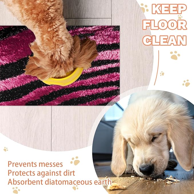 Tiger Skin Dog Food Mat for Floors Absorbent Dog Bowl Mat for Food and Water Dispenser Quick Dry Cat Food Placemat Pet Supplies 16" x 24", Pink Tiger Print
