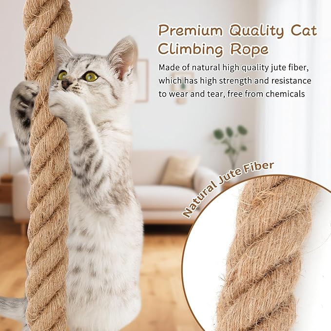 2" x 9.84Ft Cat Climbing Rope with Hook, Natural Cat Climbing Jute Rope for Ceiling and Wall Mounted, Durable Sisal Ropes for Indoor and Outdoor Cats Scratching Playing