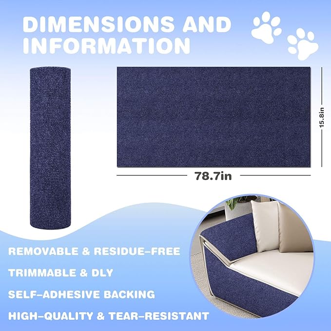 Cat Scratching Mat 78.7"x15.8" Self-Adhesive Cat Furniture Protector, Climbing Cat Scratch Pad for Cat Tree, Sofa, Wall, and Furniture DIY Protection(Dark Blue)