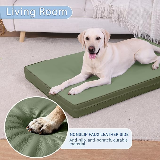 Vonabem Outdoor Dog Bed Waterproof Washable, XL Large Dogs Crate Pad 42 inch, Orthopedic Foam Pet beds, Leather Anti-Slip Kennel Pads with Removable Cover Reversible, 41"x27" Green