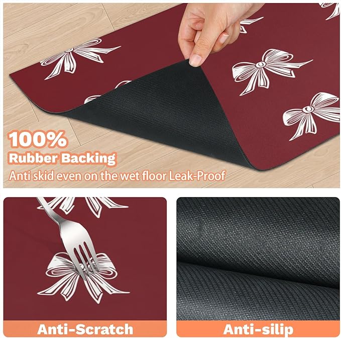 Christmas Bow Dog Food Mat for Floors Absorbent, Quick Dry Water Dispenser Mat for Food, Water, Pet Supplies 12" x 20", Cute Bow