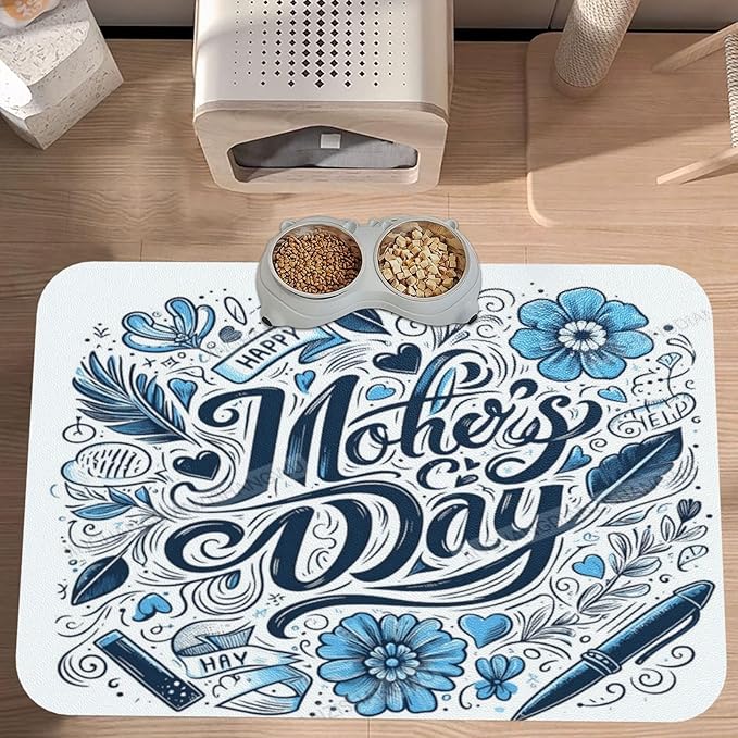 Dog Food Mat for Floors Absorbent Quick Drying Happy Mother's Day Floral Gift for Mom Ct Pet Cat Food Mat Easy-to-Clean Pet Feeding Mats Dog Bowl Mats 24x16In