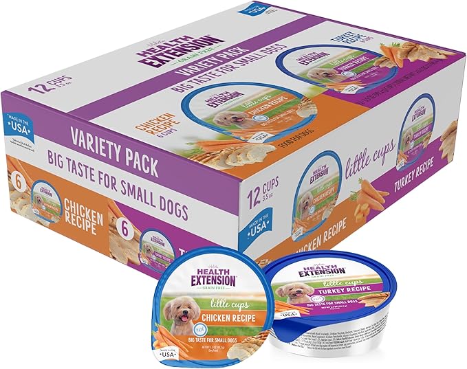 Health Extension Little Cups Grain-Free Wet Dog Food, Small Breed - Variety Box (6 Chicken/6 Turkey) 3.5 oz - Easy to Digest, Ideal for Picky Eaters (Case of 12 Cups)