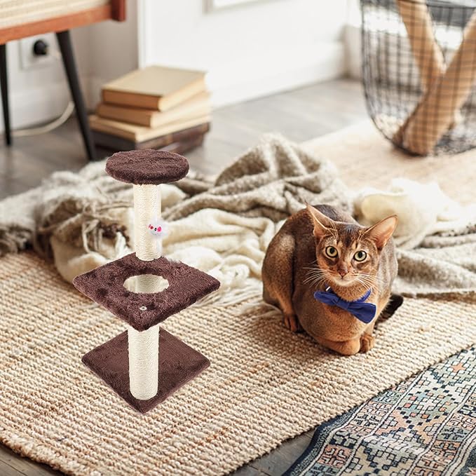 BESTonZON Decorative 3-Layer Sisal Cat Scratching Post with Hanging Mouse Vertical Wear-Resistant Cat Tree for Indoor and Kittens