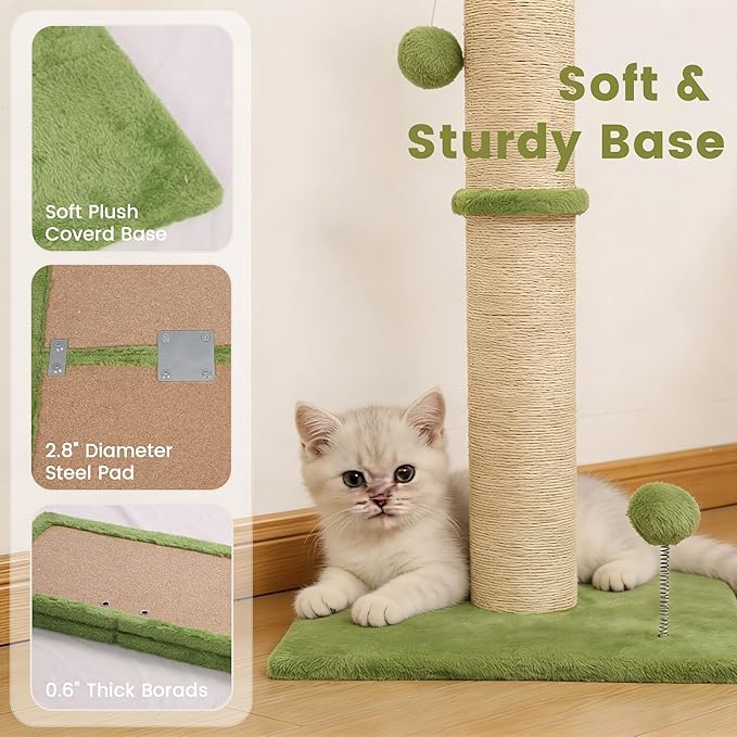 22" Small Cat Scratching Post, 3-in-1 Durable Sisal Vertical Cat Scratcher Post with Hanging Ball, Soft Fabric Stable Base Cat Scratch Pole for Kittens or Smaller Cats, Green