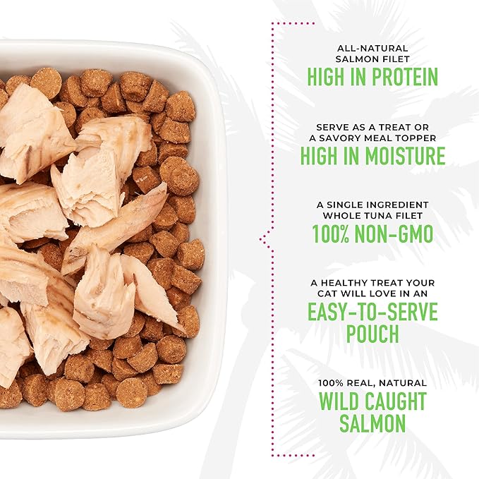 Tiki Cat Filet, All Natural Wild Caught Salmon, Single Ingredient High Moisture Non-GMO Wet Cat Food Topper, for All Life Stages, 1 oz. Pouch (Pack of 12)