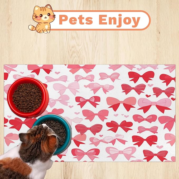 Bow Dog Food Mat for Floors Absorbent, Quick Dry Water Dispenser Mat for Food, Water, Pet Supplies 17" x 30", Cute Bowknot