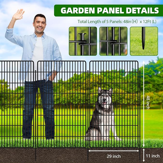 5 Panels Garden Fencing Animal Barrier with Lock, 48 in(H) X 12 Ft(L) Dog Fence Outdoor for Yard Rustproof No Dig Decorative Tall Garden Fence Metal Wire Panel Border Rabbit Ground Stakes Fencing