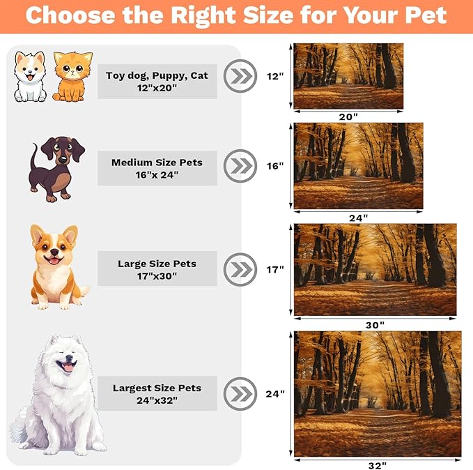Autumn Trees Dog Food Mat for Floors Absorbent, Quick Dry Water Dispenser Mat for Food, Water, Pet Supplies 17" x 30", Maple Leaf
