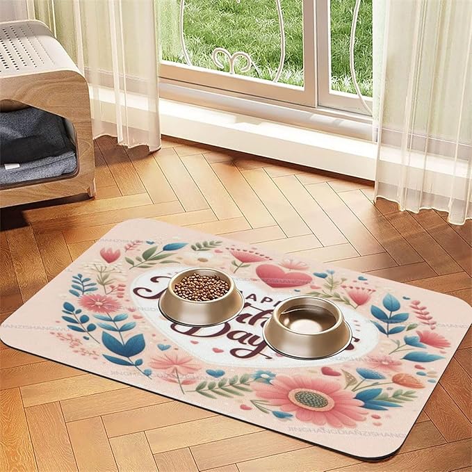 Pet Feeding Mat Happy Mother's Day Floral Gift for Mom Fh Dog Food Mat for Food Water No Stains Quick Dry Dispenser Cat Bowl Mats Messy Drinkers 18X12In