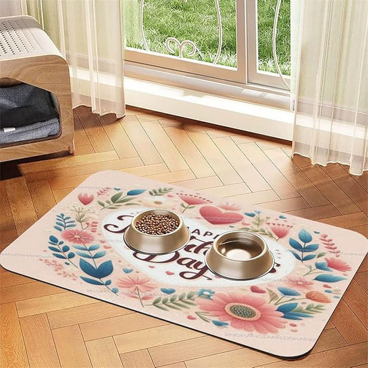 Pet Feeding Mat Happy Mother's Day Floral Gift for Mom Fh Dog Food Mat for Food Water No Stains Quick Dry Dispenser Cat Bowl Mats Messy Drinkers 18X12In