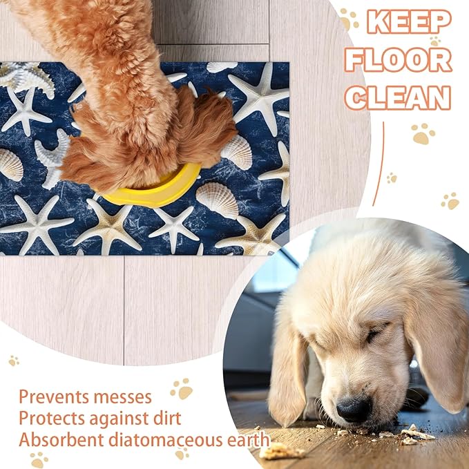 Starfish Dog Food Mat for Floors Absorbent Dog Bowl Mat for Food and Water Dispenser Quick Dry Cat Food Placemat Pet Supplies 17" x 30", Blue Denim