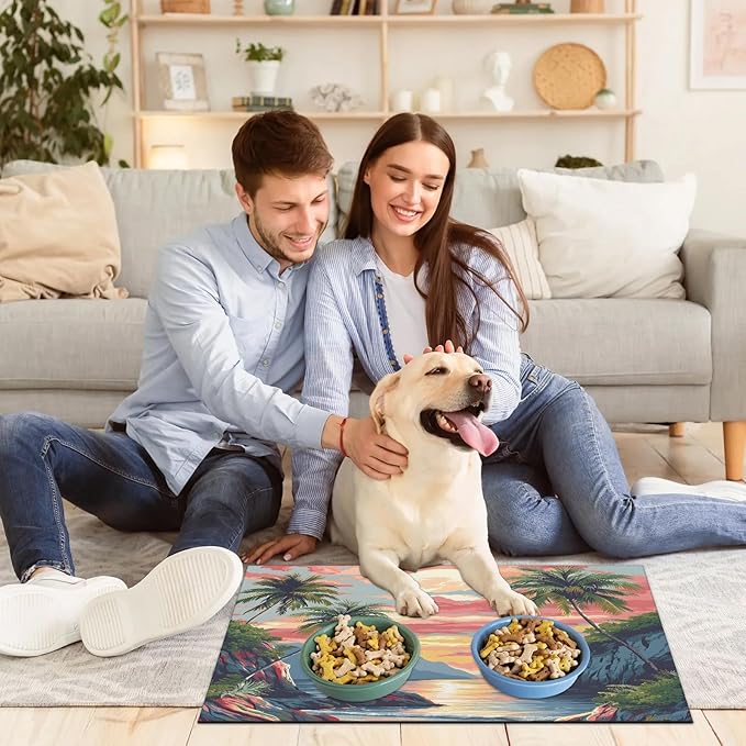 Sea Palm Tree Dog Food Mat for Floors Absorbent, Quick Dry Water Dispenser Mat for Food, Water, Pet Supplies 24" x 32", Beach
