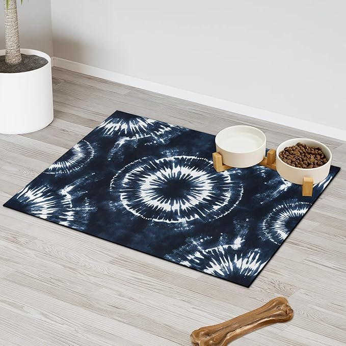 Black Tie Dye Dog Food Mat for Floors Absorbent, Quick Dry Water Dispenser Mat for Food, Water, Pet Supplies 16" x 24", Boho Tie Dye