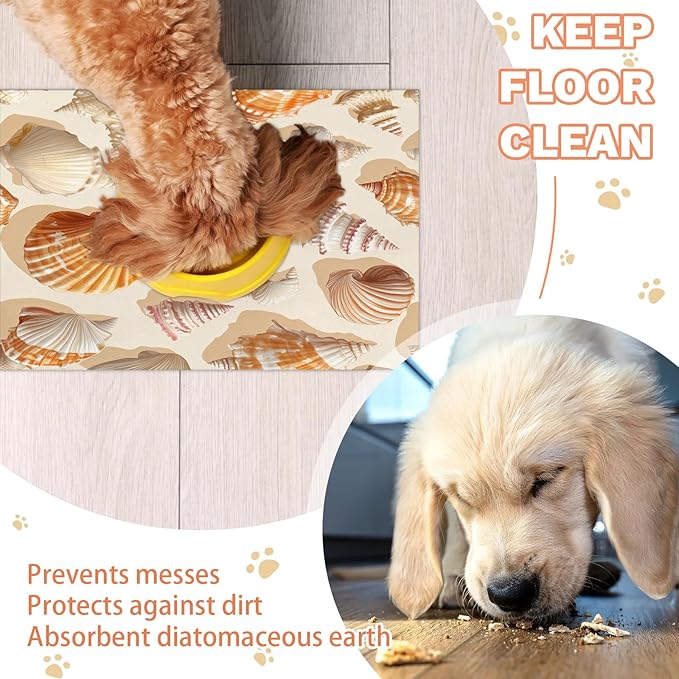 Seashell Dog Food Mat for Floors Absorbent Dog Bowl Mat for Food and Water Dispenser Quick Dry Cat Food Placemat Pet Supplies 17" x 30", Beach