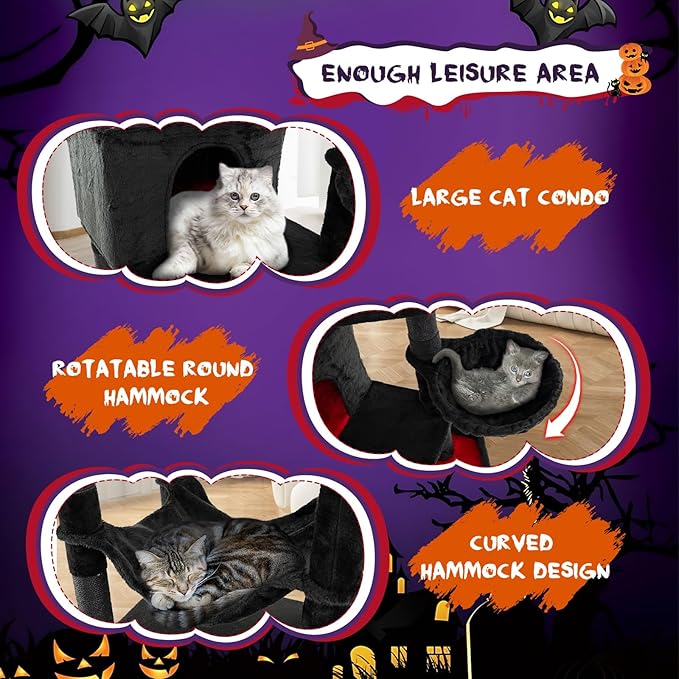 Tangkula Gothic Cat Tree, 83 Inch Tall Cat Tower with Sisal Covered Scratching Posts, 2 Coffin Beds, 2 Cat Condos, Hammock, Basket Bed, Halloween Pet Furniture, Black Goth Cat Tree for Indoor Cats