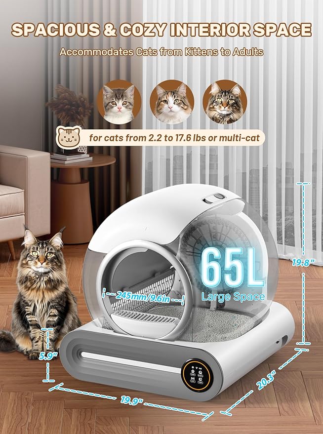 Automatic Litter Box, Upgraded Robot Self Cleaning Litter Box for Multiple Cats, 65L+9L Extra Large, Features Negative ion Sterilization and Deodorization, APP Control, 3 Rolls Litter Bag Liners