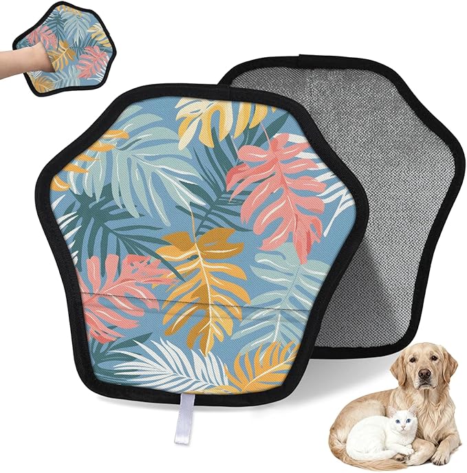 Cartoon Palm Leaves Electrostatic Pet Hair Removal Glove for Cats & Dogs - Reusable Grooming Mitt for Couch, Carpet, Car Seat & Laundry - Large 9x9 Inch