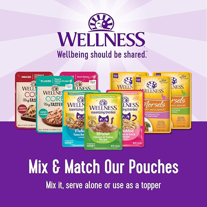 Wellness CORE Tiny Tasters Pate Adult Wet Cat Food, Natural, Protein-Rich, Grain Free, 1.75 Ounce Pouch (Tuna), (Pack of 24)