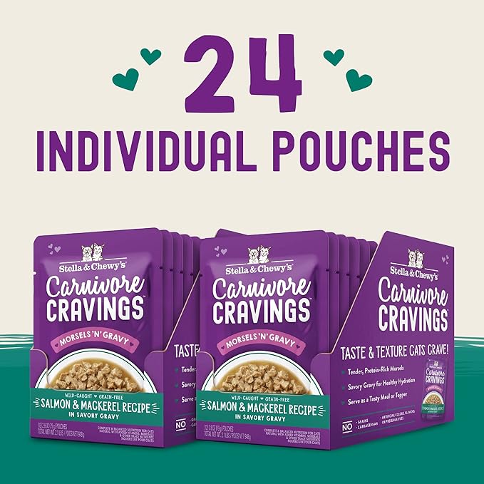 Stella & Chewy's Carnivore Cravings Wet Cat Food Pouches - Premium Salmon & Mackerel Recipe - Grain-Free Morsels & Gravy - Perfect for Picky Eaters - Complete Meal or Topper - 2.8oz, 24-Pack