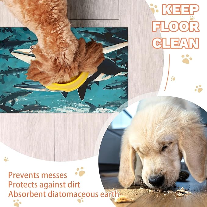 Sea Shark Dog Food Mat for Floors Absorbent Dog Bowl Mat for Food and Water Dispenser Quick Dry Cat Food Placemat Pet Supplies 17" x 30", Watercolor Fish