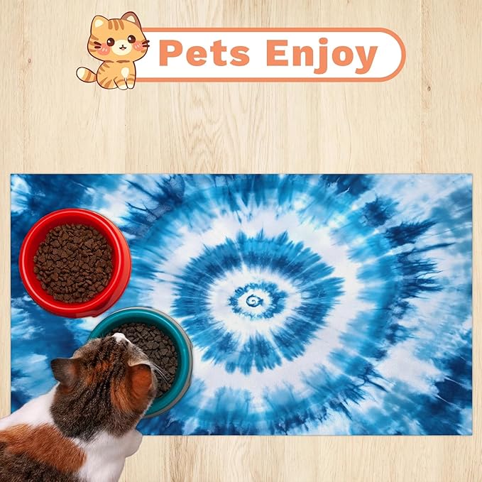 Blue Tie Dye Dog Food Mat for Floors Absorbent, Quick Dry Water Dispenser Mat for Food, Water, Pet Supplies 12" x 20", Abstract Strip