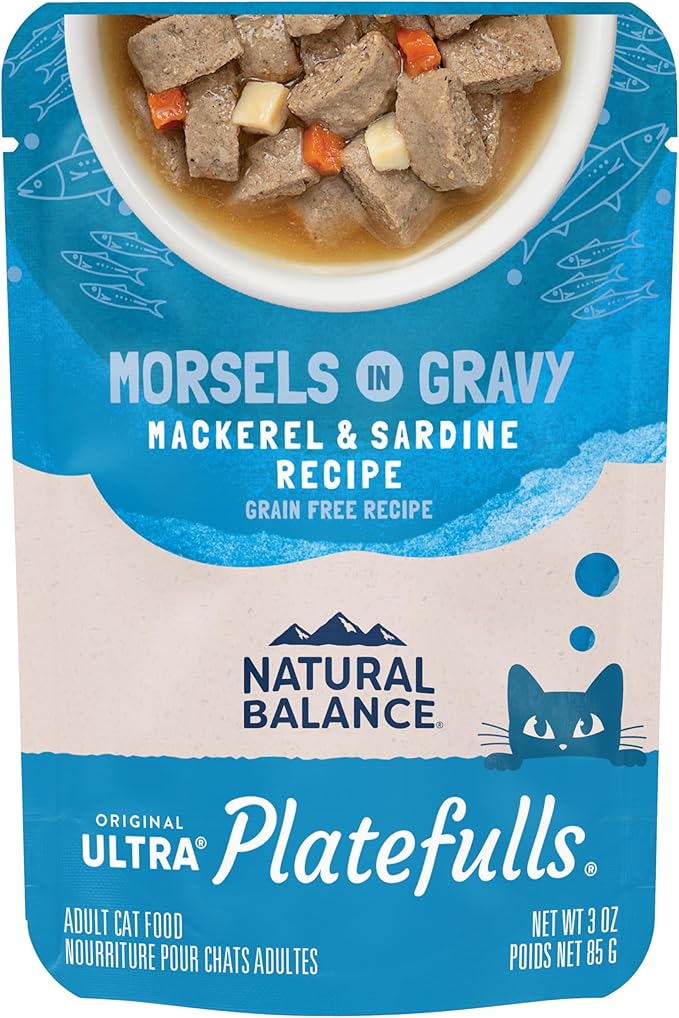 Natural Balance Original Ultra Platefulls Indoor Adult Grain Free Wet Cat Food, Mackerel & Sardine Recipe, 3 Ounce Pouch (Pack of 24)