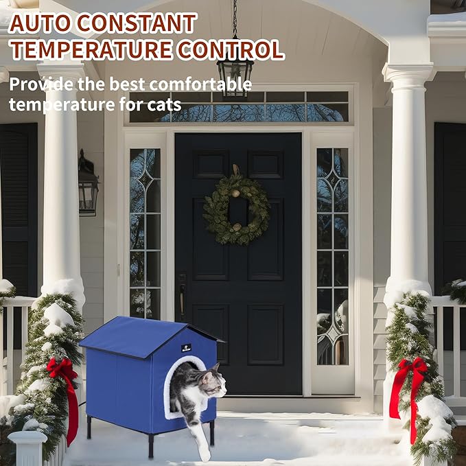 Heated Cat Houses for Outdoor Cats in Winter, Heated cat House for Indoor and Kitty Shelter for Your Pet to Stay Warm and Cozy,Easy to Assemble. (Dark Blue, Small)