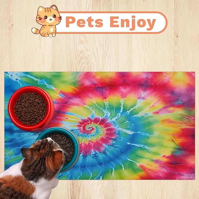 Colorful Tie Dye Dog Food Mat for Floors Absorbent, Quick Dry Water Dispenser Mat for Food, Water, Pet Supplies 17" x 30", Rainbow