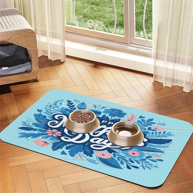 Pet Feeding Mat for Floors Waterproof Dog Mat for Food and Water Happy Mother's Day Floral Gift Mom Cv Absorbent Quick Dry Non Slip Mats Cat Bowls 24x16In