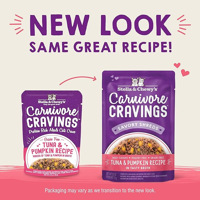 Stella & Chewy's Carnivore Cravings Wet Cat Food - Premium Pouches - Grain Free, High Protein Tuna & Pumpkin - Perfect for Picky Eaters - Complete Meal or Topper (2.8 oz, 12 Pack)