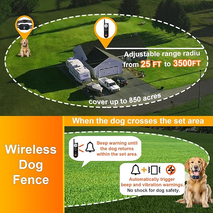 MIMOFPET Wireless Dog Fence System for 2 Dogs - Up to 3500ft Adjustable Electric Fence,Waterproof Training Collar Rechargeable,Pet Containment System for Large Medium Dogs