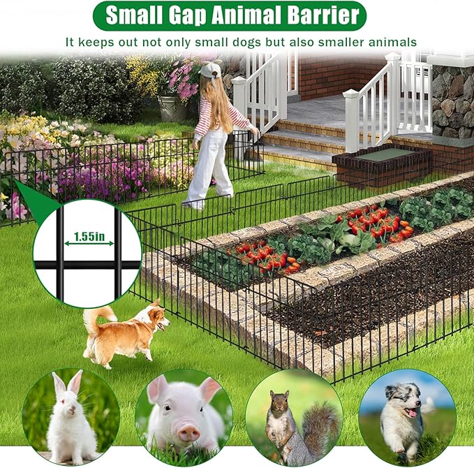 14Ft (L) x 20in (H) Garden Fence Animal Barrier Fencing 10 Pack Rustproof Metal Wire Yard Blocker Dog Fences Border 1.55" Spacing for Outdoor Flower Bed Landscape Fencing Decor Black