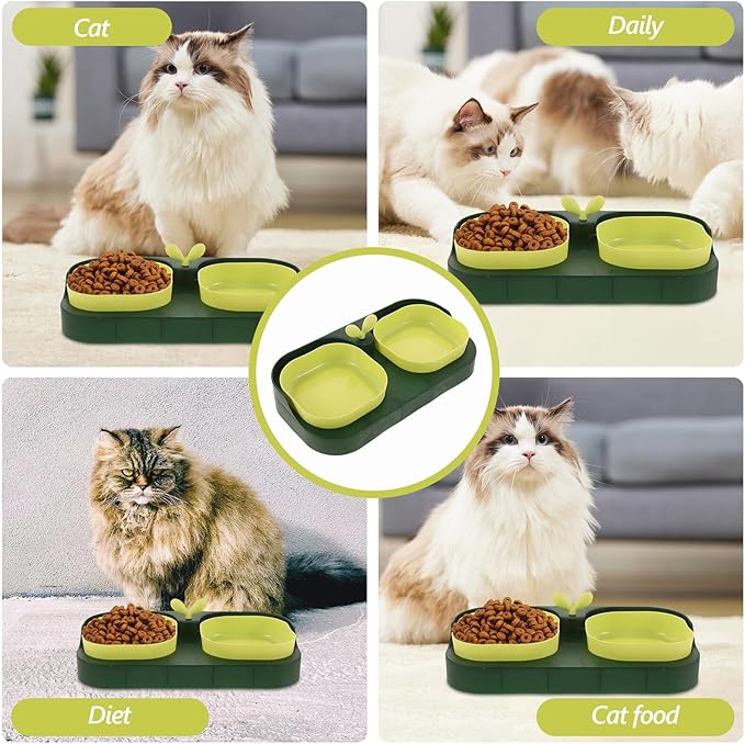 Toyvian Cat and Dog Double Feeding Bowl Set, 2-Compartment Plastic Pet Bowls with Water and Food Holder, Moss Green, Suitable for Kittens and Small Dogs, Practical Feeding Supply for Home