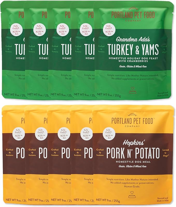 CRAFTED BY HUMANS LOVED BY DOGS Portland Pet Food Company Grandma Ada’s Turkey & Yams Wet Dog Food Pouches 5pk and Hopkin's Pork N’ Potato Wet Dog Food Pouches 5 pk Bundle