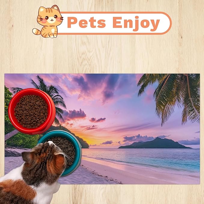 Ocean Beach Dog Food Mat for Floors Absorbent, Quick Dry Water Dispenser Mat for Food, Water, Pet Supplies 16" x 24", Hawaiian Sunrise