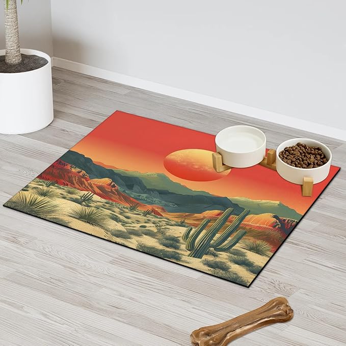 Sunrise Dog Food Mat for Floors Absorbent, Quick Dry Water Dispenser Mat for Food, Water, Pet Supplies 24" x 32", Cactus