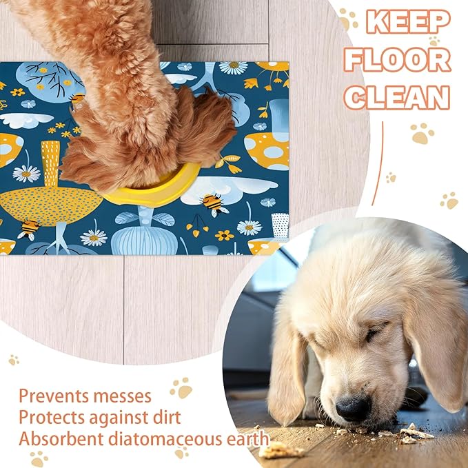 Tree Dog Food Mat for Floors Absorbent, Quick Dry Water Dispenser Mat for Food, Water, Pet Supplies 12" x 20", Flower