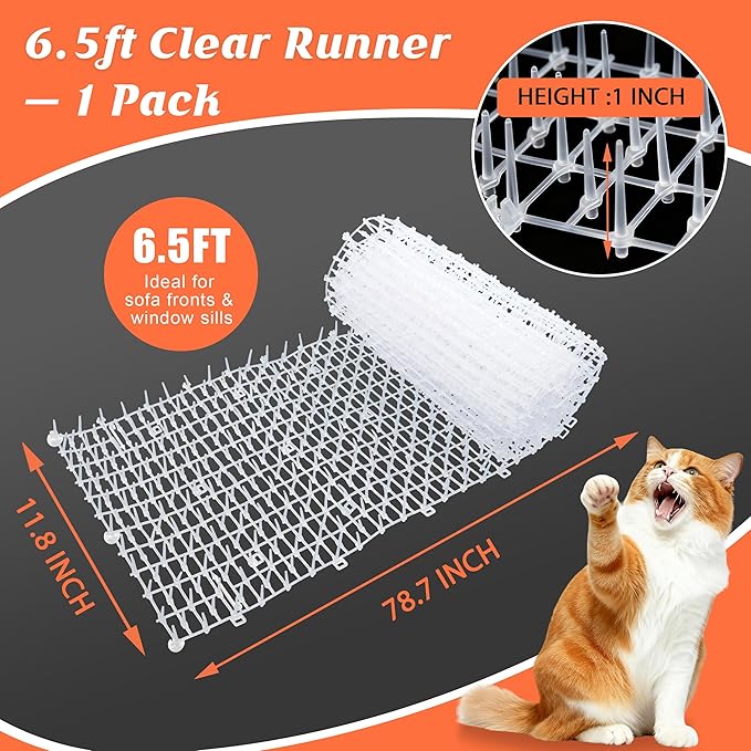 Transparent Cat Scat Mat with Spikes, 6.5FT Clear Cat Deterrent Mat for Sofa, Windowsill, Balcony & Garden, Cuttable Indoor Outdoor Pet Repellent Mat, 78 x 11 Inch