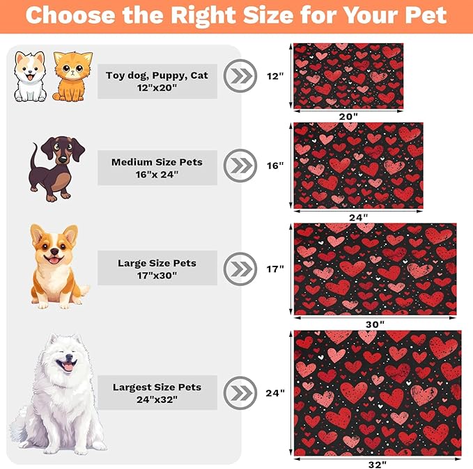 Valentines Dog Food Mat for Floors Absorbent, Quick Dry Water Dispenser Mat for Food, Water, Pet Supplies 17" x 30", Colorful Candy Heart