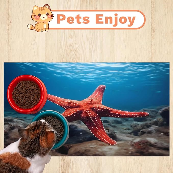 Red Starfish Dog Food Mat for Floors Absorbent Dog Bowl Mat for Food and Water Dispenser Quick Dry Cat Food Placemat Pet Supplies 17" x 30", Ocean Beach