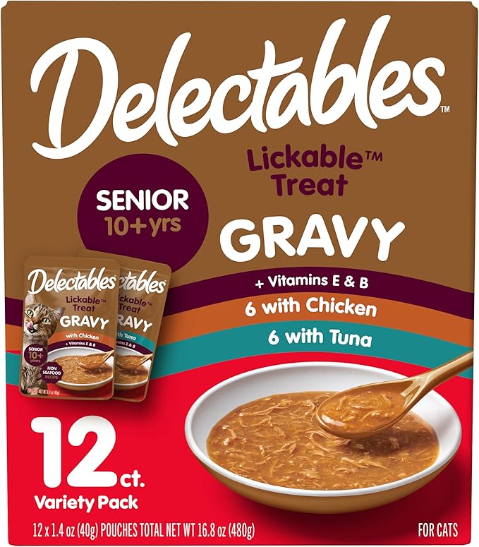 Delectables Lickable Treat Gravy Senior 10+ Variety Wet Cat Treat & Food Topper, Food Topper, Hydrating, Grain-Free, No Fillers, No by-Products, No Added Preservatives, 1.4-oz Pouch, 12 Count