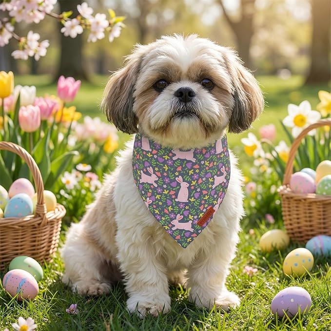 PTDECOR Easter Dog Bandana, Rabbit Floral Dog Scarf, Premium Durable Fabric, Black Easter Bandanas for Small Dogs Pets (Small)