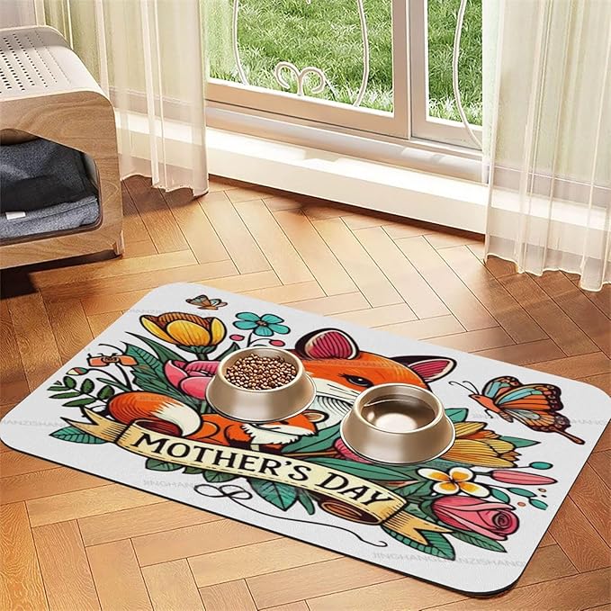 Dog Food Mats for Floors Happy Mother's Day Floral Gift for Mom Iu Absorbent Pet Cat Food Mat Quick Dry Dog Bowl Mats Water Pet Supplies 18X12In