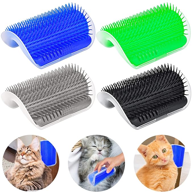 Self Groomer for Cats - 4PACK Slicker Brushes, All-In-One Grooming Tool with Wall Corner Scratcher, Trimmer, Massage Combs for Short & Long Fur Pets