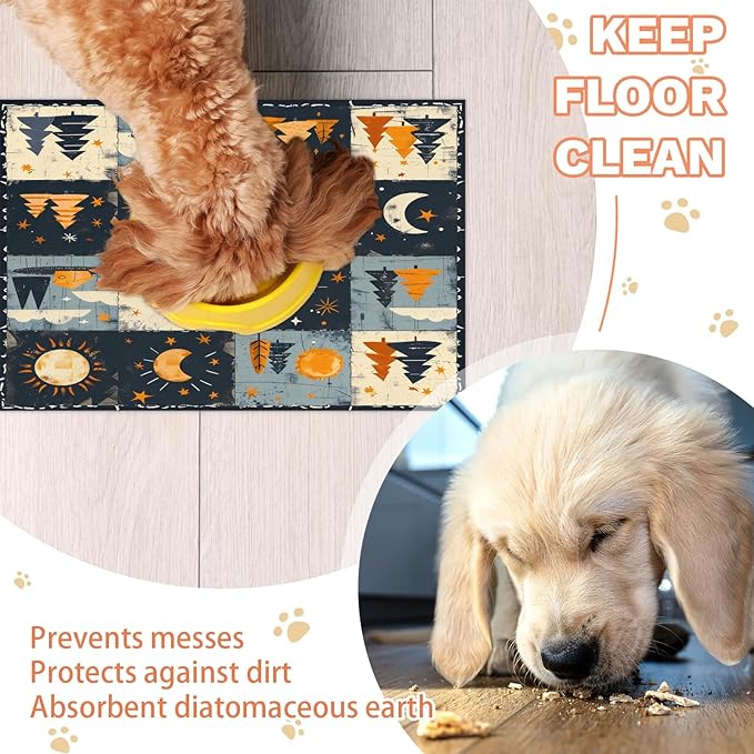 Rustic Trees Dog Food Mat for Floors Absorbent, Quick Dry Water Dispenser Mat for Food, Water, Pet Supplies 12" x 20", Sun Moon