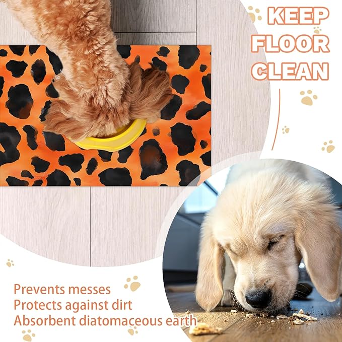Leopard Print Dog Food Mat for Floors Absorbent Dog Bowl Mat for Food and Water Dispenser Quick Dry Cat Food Placemat Pet Supplies 24" x 32", Orange Wild Skin