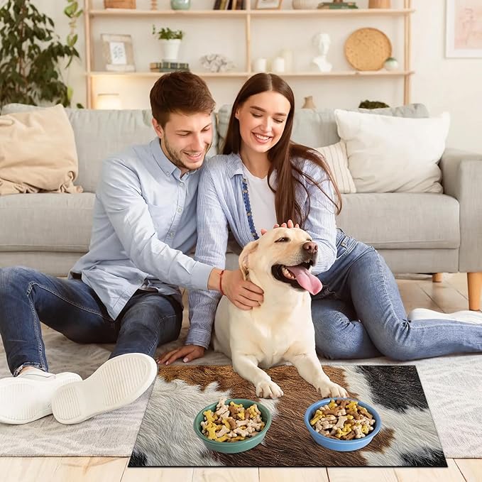 Cow Print Dog Food Mat for Floors Absorbent Dog Bowl Mat for Food and Water Dispenser Quick Dry Cat Food Placemat Pet Supplies 16" x 24", Brown Skin