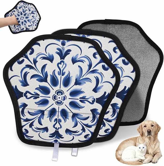 Reusable Pet Hair Removal Glove Blue Floral Printing Magic Brush for Cat & Dog Hair Remover for Car, Sofa, Bedding, Clothes - 9x9 Mitt Washable