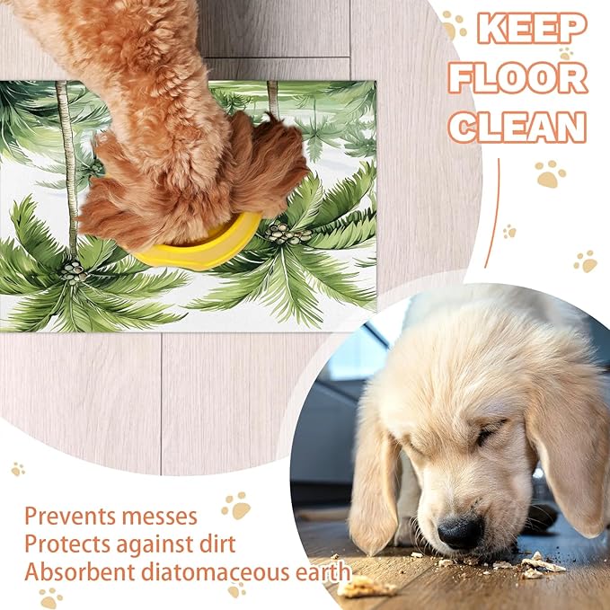 Palm Tree Dog Food Mat for Floors Absorbent, Quick Dry Water Dispenser Mat for Food, Water, Pet Supplies 12" x 20", Tropical Trees
